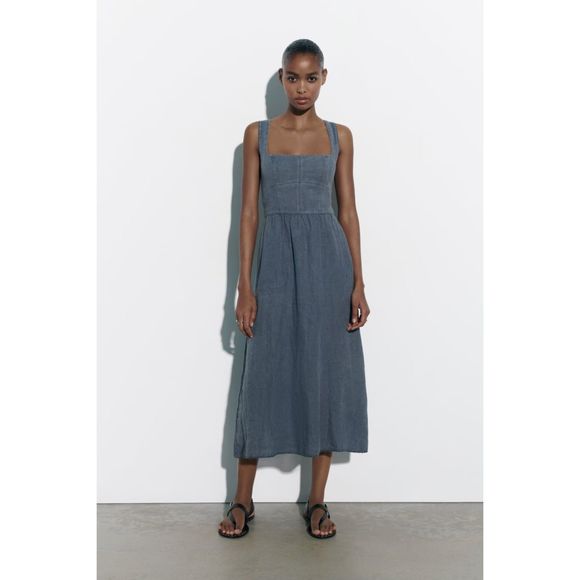 zara LINEN MIDI DRESS lg - Picture 1 of 4